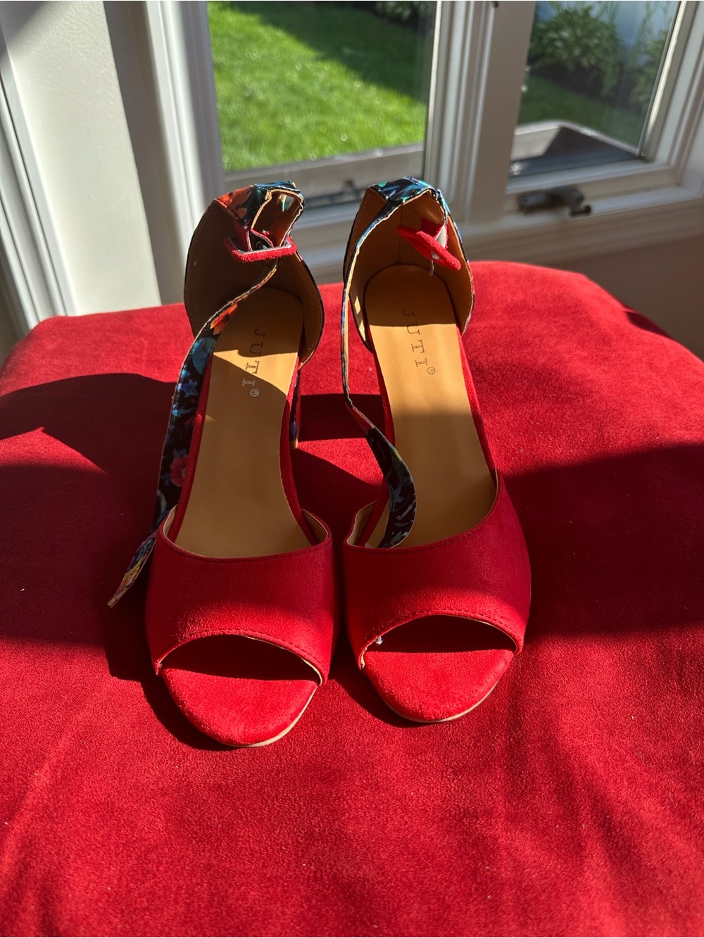 Guilty Red Open-Toe Heels with Floral Ankle Strap